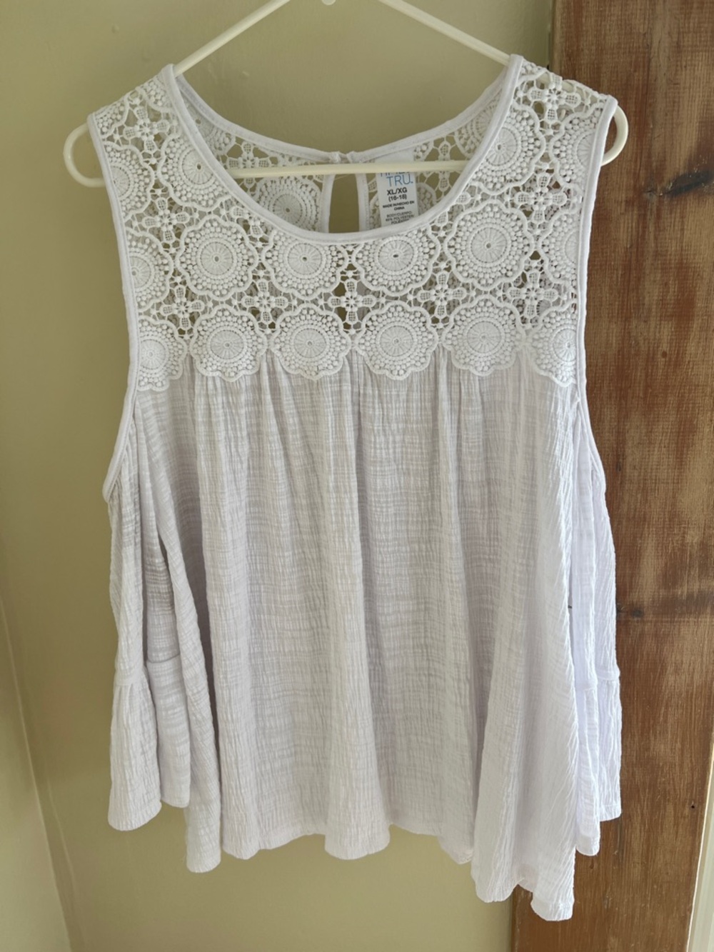 Time and Tru White Crochet Opened Shoulder Top